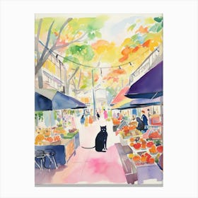 Food Market With Cats In Sydney 3 Watercolour Canvas Print