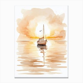 Watercolor Boat At Sunset Canvas Print