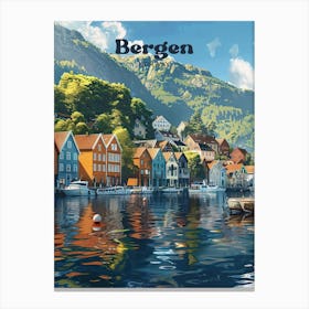 Bergen Norway City Fjord Travel Art Illustration Canvas Print