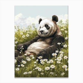 Giant Panda Resting In A Field Of Daisies Storybook Illustration 3 Canvas Print