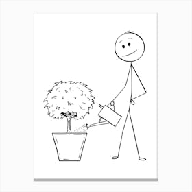 Stick Figure Man Watering A Tree Canvas Print