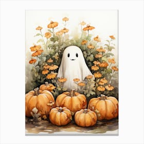 Cute Bedsheet Ghost, Botanical Halloween Watercolour 28 Canvas Print