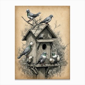 Pigeons On A Birdhouse Canvas Print