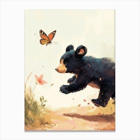 American Black Bear Cub Chasing After A Butterfly Storybook Illustration 3 Canvas Print