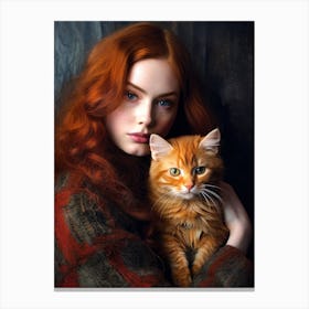 Red Haired Girl With Cat Canvas Print