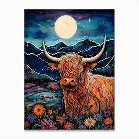Colourful Illustration Of Highland Cow In The Moonlight Canvas Print