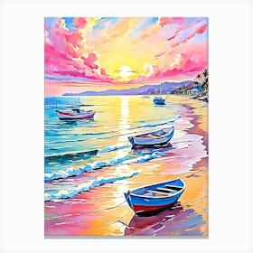 Sunset Boats On The Beach Canvas Print