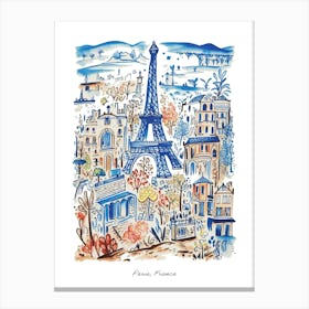 Paris Eiffel Tower Illustration Line Art France Travel Blue Canvas Print