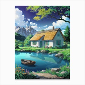 Anime Canvas Art: Cozy Cottage with Orange Roof, Blue Pond, Yellow Blossoms, and Mountain Backdrop, Perfect for Lofi Aesthetic and Tranquil Nature Lovers. Canvas Print