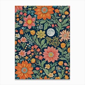 Painted Summer Flowers Pattern on a Full Moon - Navy Background, Stars, Moon Art Like Amy Butler and William Morris Fabric Print For Lunar Pagan Gallery Feature Wall Floral Botanical Luna Lover HD Canvas Print