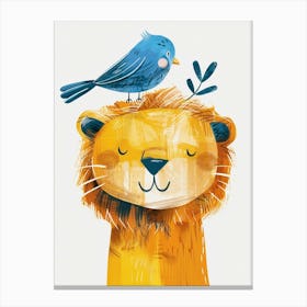 Small Joyful Lion With A Bird On Its Head 10 Canvas Print