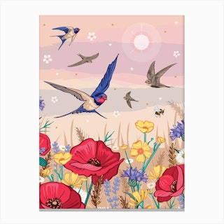 Swallows And Swifts Over The Poppy Field Canvas Print