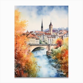Bern Switzerland In Autumn Fall, Watercolour 4 Canvas Print