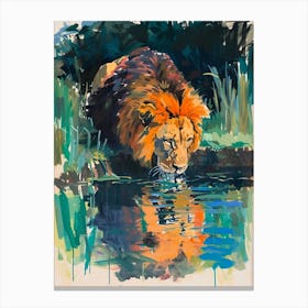 Masai Lion Drinking From A Watering Hole Fauvist Painting 1 Canvas Print