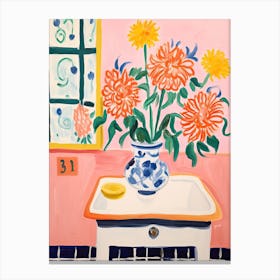 Bathroom Vanity Painting With A Dahlia Bouquet 1 Canvas Print