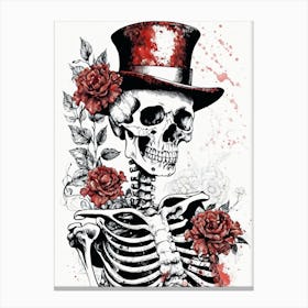 Floral Skeleton With Hat Ink Painting (26) Canvas Print