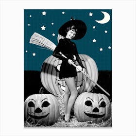 Pin Up Witch With Broom And Pumpkins On Halloween Night Canvas Print