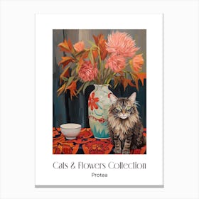 Cats & Flowers Collection Protea Flower Vase And A Cat, A Painting In The Style Of Matisse 2 Canvas Print