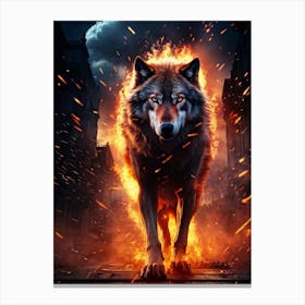 Imposing And Majestic Wolf Stands Tall Engulfed By Wild Fiery Sparks And Wisps Of Electrifying Cr Canvas Print