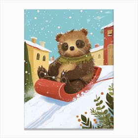 Sloth Bear Cub Sledding Down A Snowy Hill Storybook Illustration 2 Canvas Print