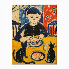 Portrait Of A Boy With Cats Having Dinner 3 Canvas Print