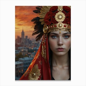 Russian Woman In Traditional Costume At Sunset Canvas Print