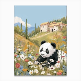 Giant Panda Cub In A Field Of Flowers Storybook Illustration 4 Canvas Print