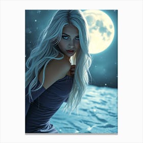 White Hair Beauty at Full Moon Canvas Print