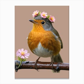 Robin With Flowers 4 Canvas Print