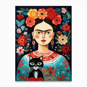 Frida Kahlo Portrait With Black Cat Mexican Painting Botanical Floral Canvas Print