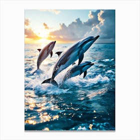 Group Of Dolphins Leaping Out Of Crystal Clear Water At Sunrise Canvas Print