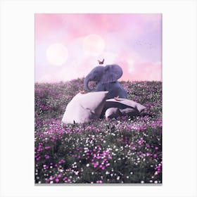 Baby Elephant And Pillows In The Flowers Canvas Print