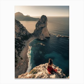 Woman In Red Sitting On Cliff Canvas Print