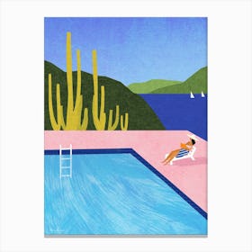 Reading After Swimming, Pink Pool Vacation Canvas Print
