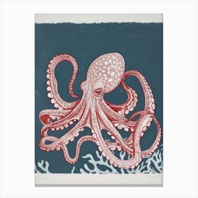 Detailed Red & Navy Linocut Octopus 1 Canvas Print