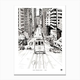 San Francisco Cable Car Cityscape Wall Art - Black Fine Line Illustration - California Art Poster Canvas Print