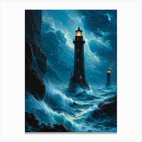 Black Lighthouses Towering Over Tumultuous Cosmic Oceans The Turbulent Waters Reflecting Both The D Canvas Print