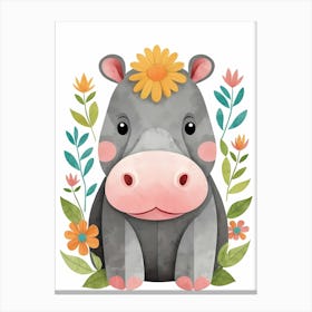 Floral Baby Hippo Nursery Illustration (1) 1 Canvas Print