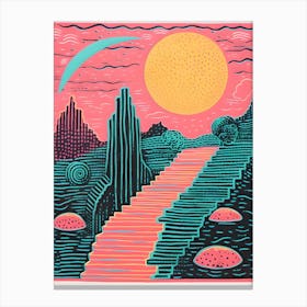 Vibrant Surreal Risograph Style Landscape 2, Alien Canvas Print