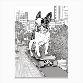 Boston Terrier Dog Skateboarding Line Art 4 Canvas Print