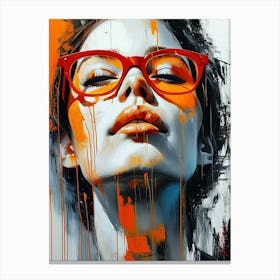 A Womans Face With Red Frame Glasses Canvas Print