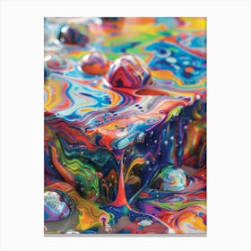 Colorful Marbled Glass, On Top Of An Ice Cream Box Filled To The Brim And Overflowing With Colorful Liquid That Has Spread Out All Over The Table Stampe su tela