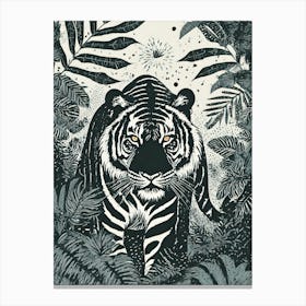 A Prowling Tiger In A Dense Jungle linocut Canvas Print