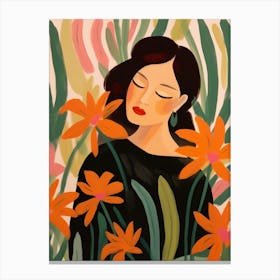 Woman With Autumnal Flowers Heliconia Canvas Print