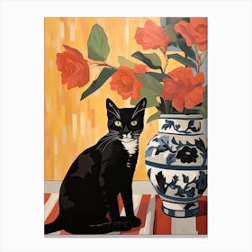 Camellia Flower Vase And A Cat, A Painting In The Style Of Matisse 0 Canvas Print