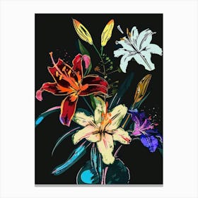 Neon Flowers On Black Bouquet 2 Canvas Print