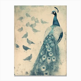 Vintage Peacock With Birds Cyanotype Inspired Turquoise Canvas Print