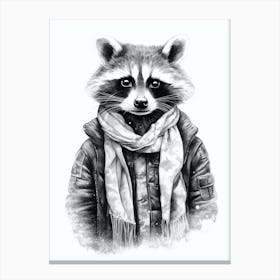 Raccoon In Scarf Black And White 1 Canvas Print