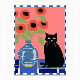 Black Cat With A Vase With Poppies Illustration Canvas Print