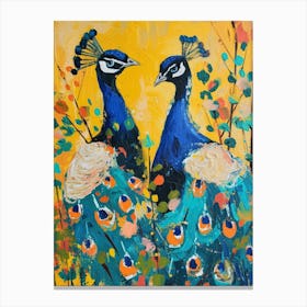 Two Peacocks Colourful Painting 2 Canvas Print